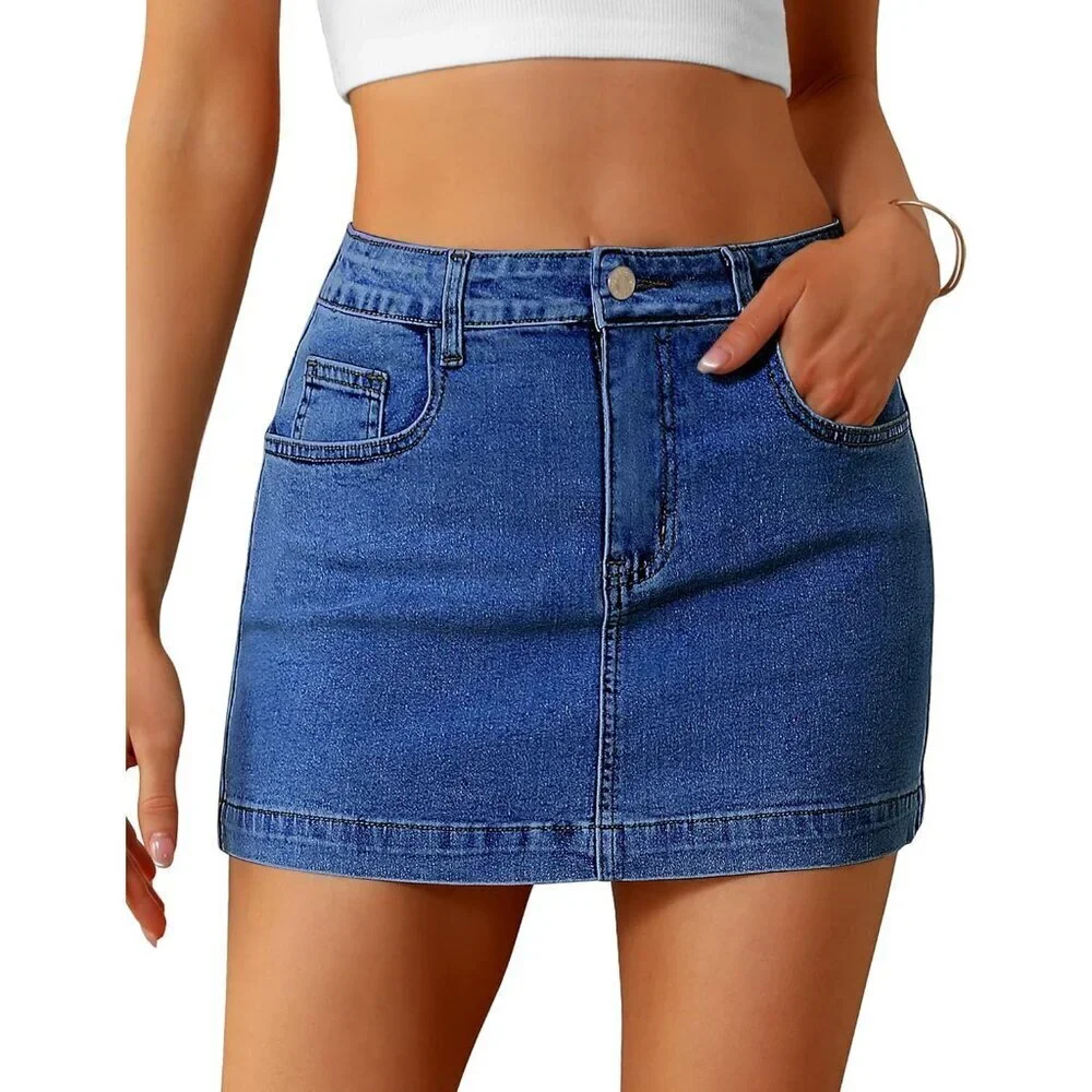 Women Denim Skirt Mini High Waisted Slim Fit Casual Summer with Pockets